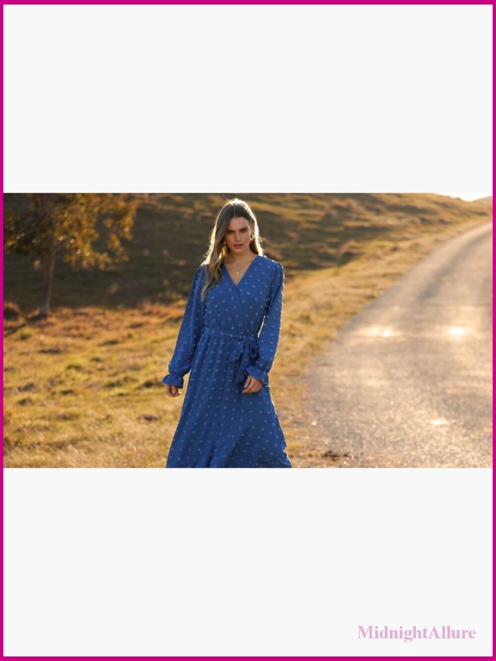 Long Sleeve Maxi Dress Swiss Dot Boho Flowy A-Line Wrap V-Neck - Picture 7 of 7